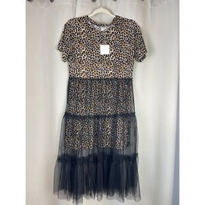 Hayden LA Leopard Mesh Overlay Dress S Tulle Tiered Midi Animal Trendy Y2K